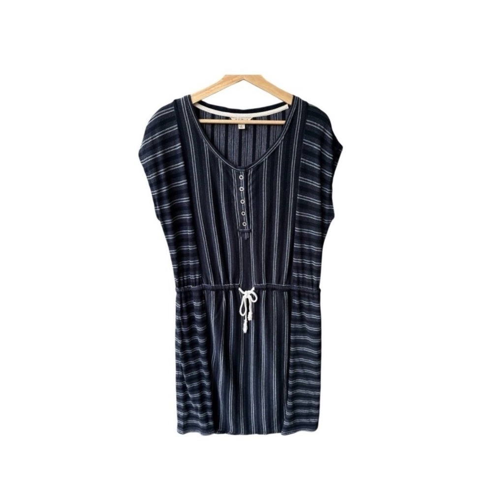 Lucky Brand Dress Navy Blue Striped Cotton Henley Drawstring Mini Boho Sz Large